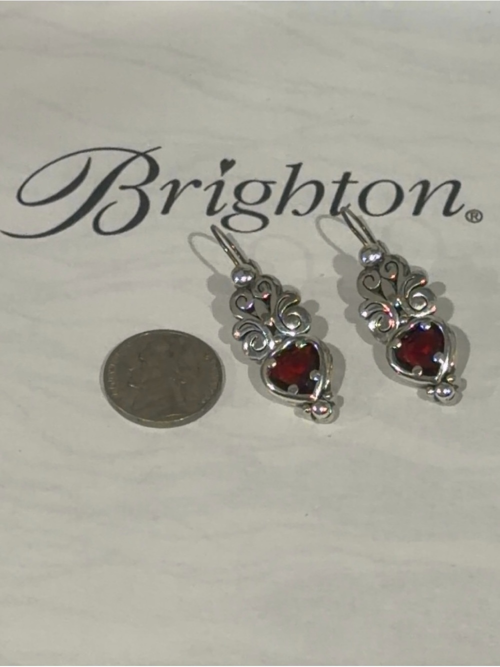 🌹RARE Brighton VTG SLVR RED SWAROVSKI CRYSTAL Heart Earrings!